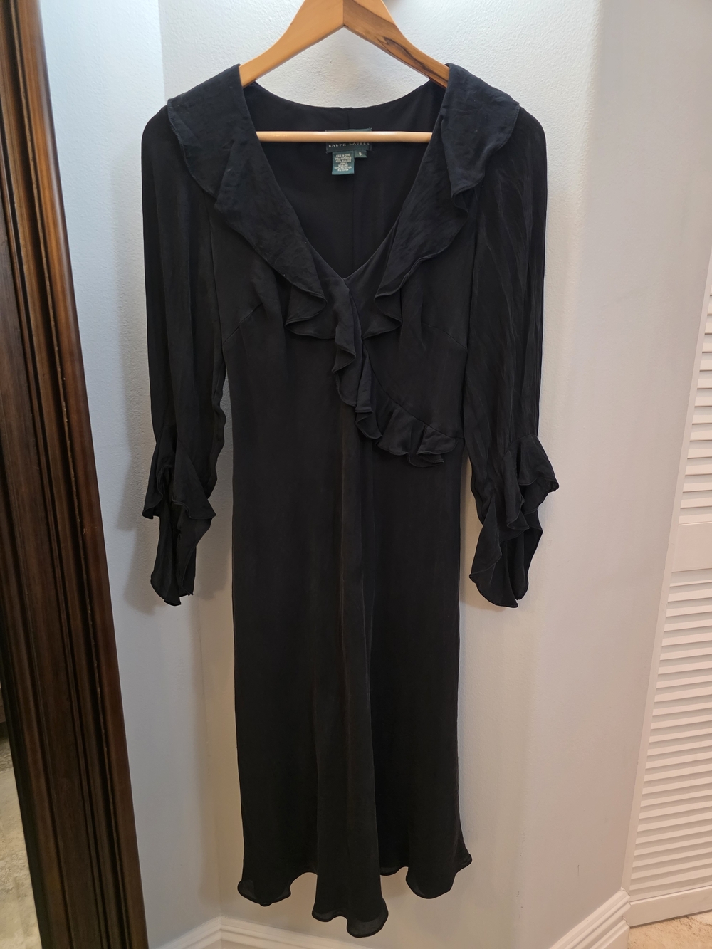 Lauren Ralph Lauren Black Ruffle-Trim Midi Dress 100% Silk 6